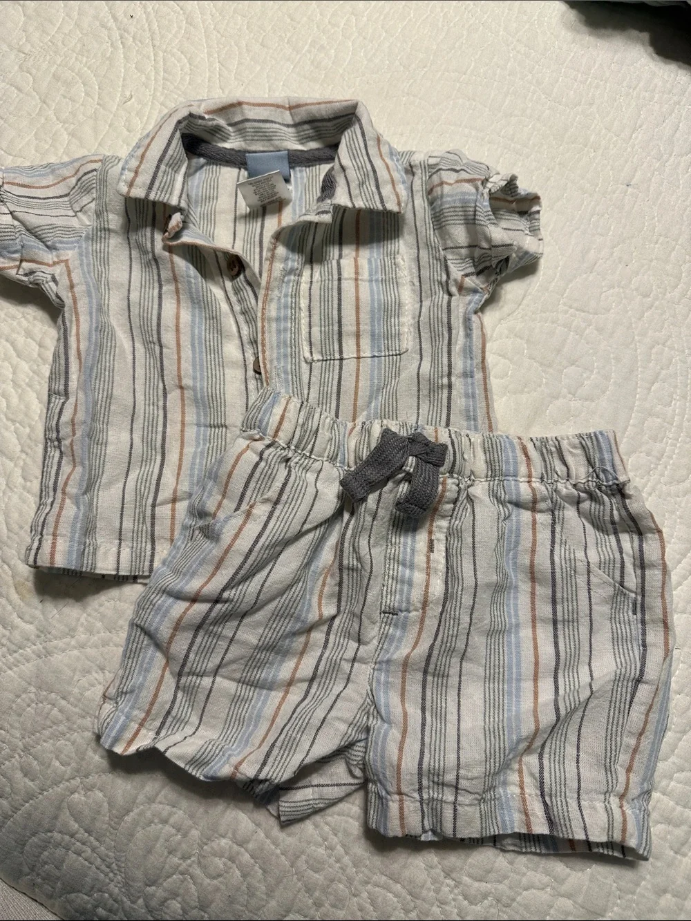 0280 Infant  Striped Short Set - Cream & Blue Matching Shirt and Shorts size 3-6